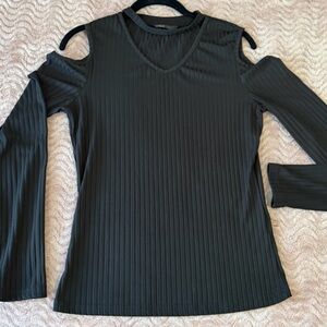 SHEIN Black Cold Shoulder Ribbed Choker Neck Top